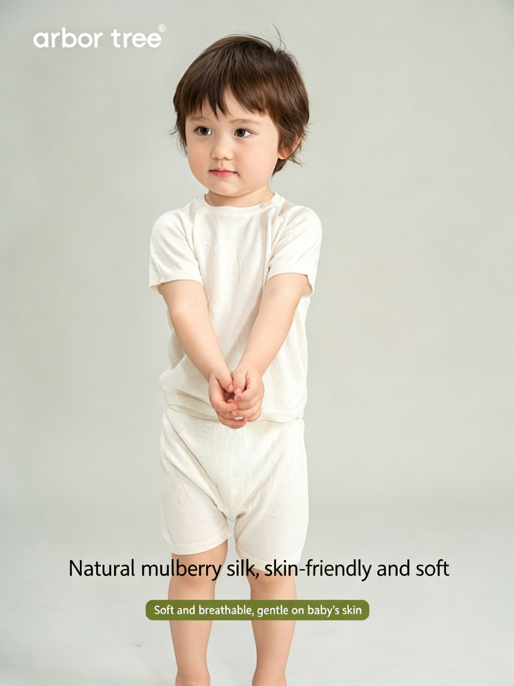 ArborTree natural mulberry silk baby shorts with Bodhi leaf pattern, breathable, lightweight, and suitable for summer wear.