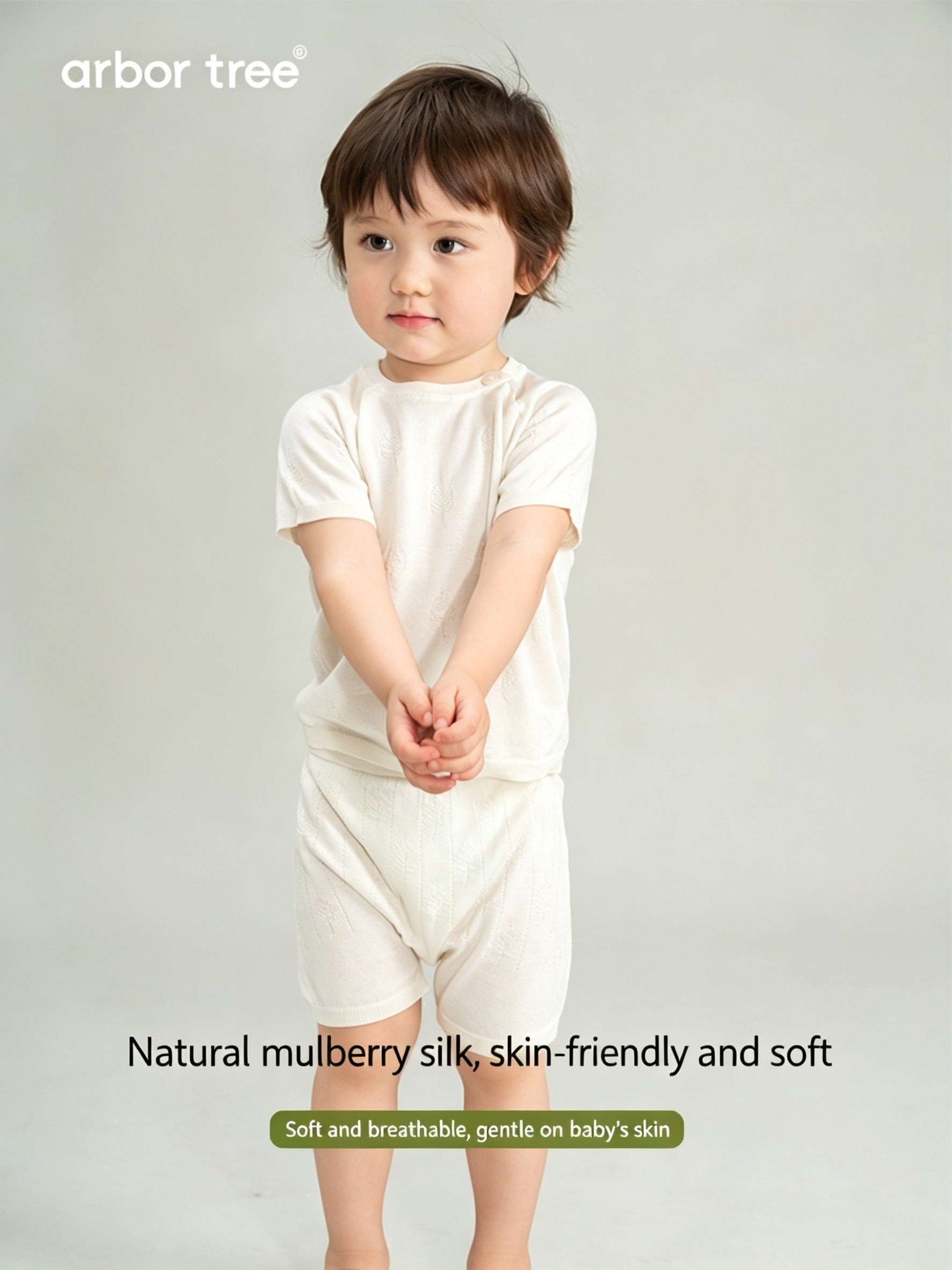 ArborTree natural mulberry silk baby shorts with Bodhi leaf pattern, breathable, lightweight, and suitable for summer wear.