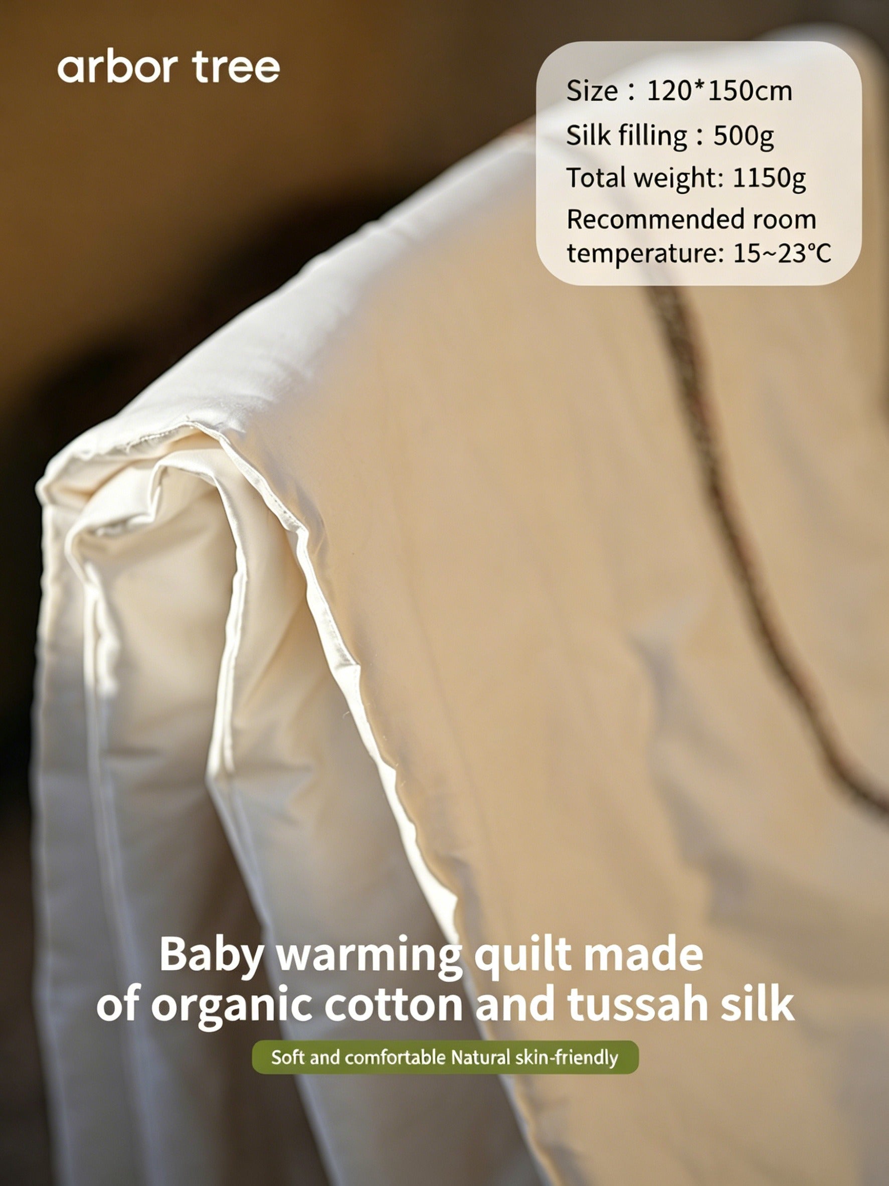ArborTree organic cotton satin and silk baby quilt with natural materials, soft and warm, perfect for gentle children's bedding.