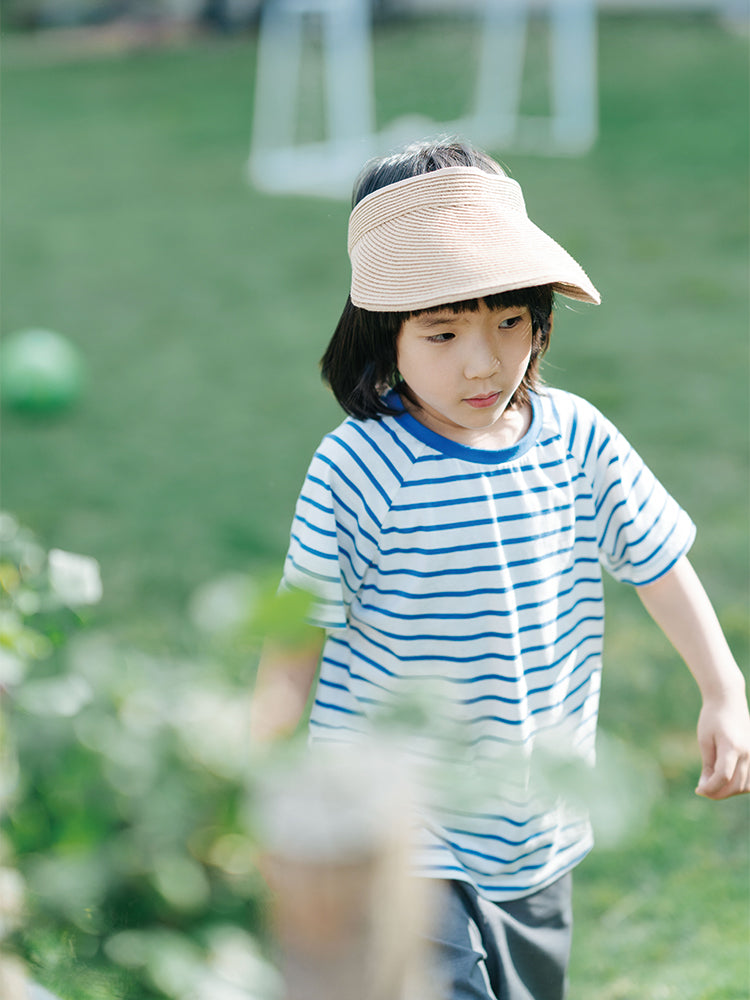 ArborTree organic cotton baby blue and white striped short sleeve T-shirt for kids, natural and breathable fabric.
