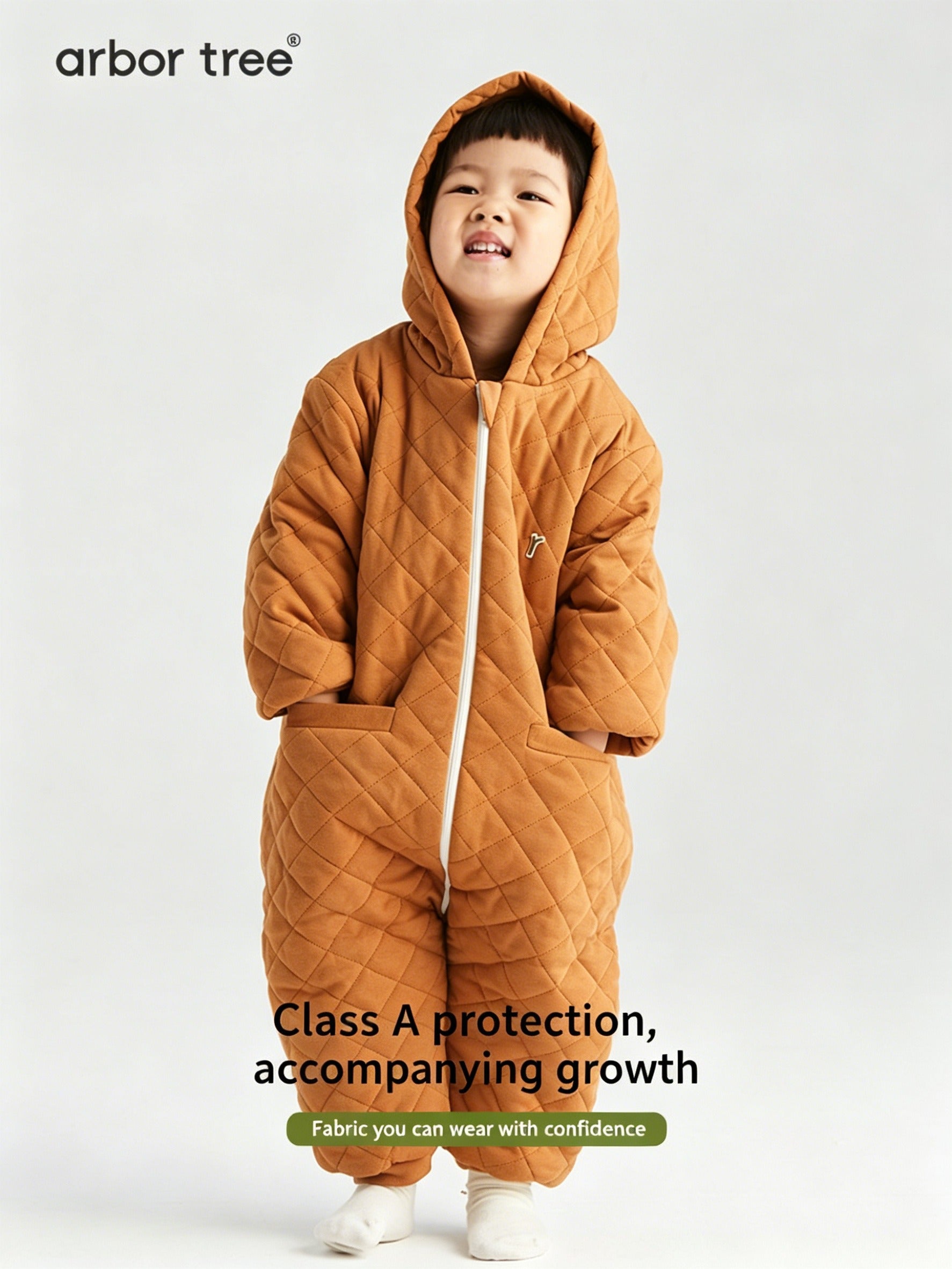 ArborTree natural-fiber winter cotton-padded onesie for boys and girls, showing the warm, cozy, Class A standard kids' jumpsuit.