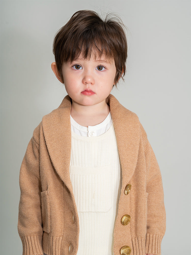 Organic cotton and cashmere baby lapel jacket cardigan by ArborTree, soft beige knit with a small lapel collar for infants.