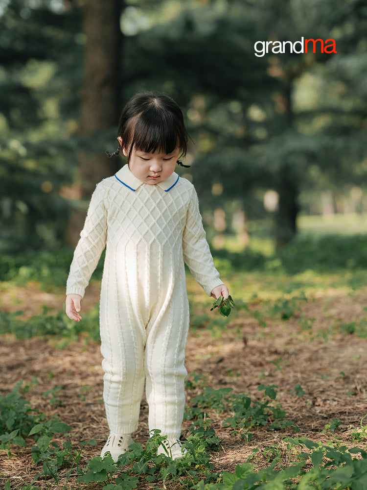ArborTree Grandma Series baby polo-neck romper in 100% Merino wool, soft, warm, perfect for fall and winter.