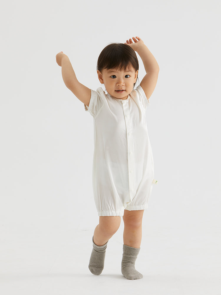 ArborTree Summer Cool 100% Mulberry silk satin romper for kids, lightweight and natural, in soft fabric with a comfortable fit.