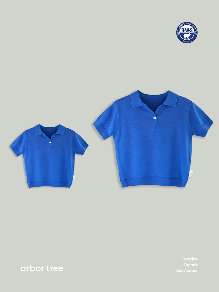 ArborTree baby short-sleeved T-shirt made of 100% superfine wool, featuring a lapel and natural, soft texture.