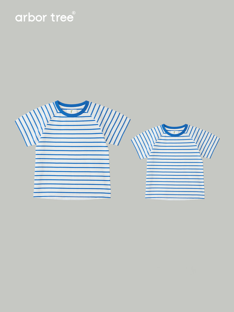 ArborTree organic cotton baby blue and white striped short sleeve T-shirt for kids, natural and breathable fabric.