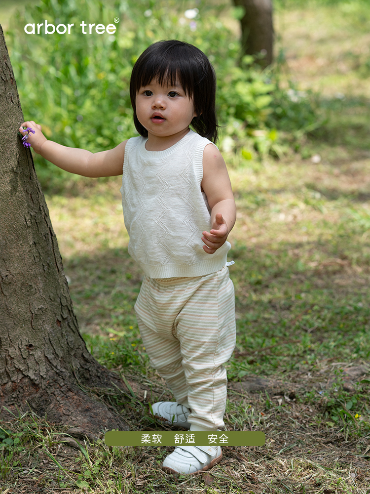 ArborTree organic cotton and linen baby casual vest in neutral tones, soft and lightweight for comfortable kids' wear.