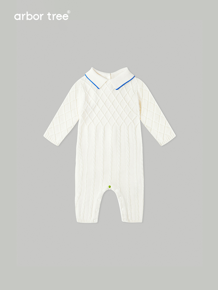ArborTree Grandma Series baby polo-neck romper made of 100% Merino wool, soft and warm for fall and winter.