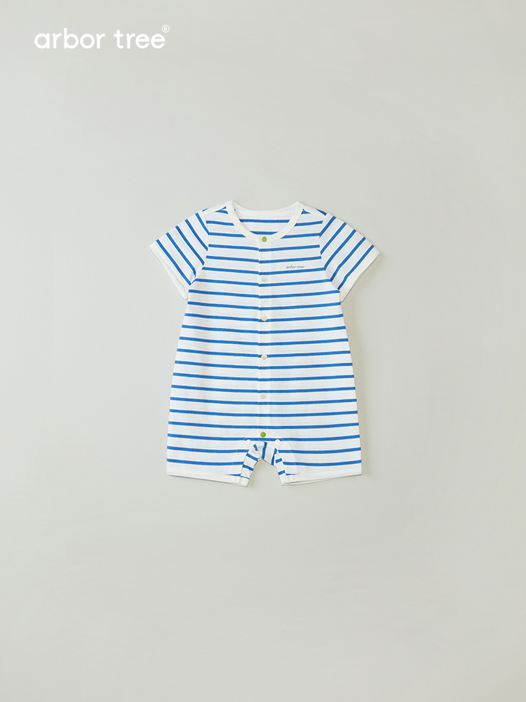 ArborTree organic cotton kids romper with short sleeves, front opening, lightweight, moisture-wicking, breathable for boys and girls.