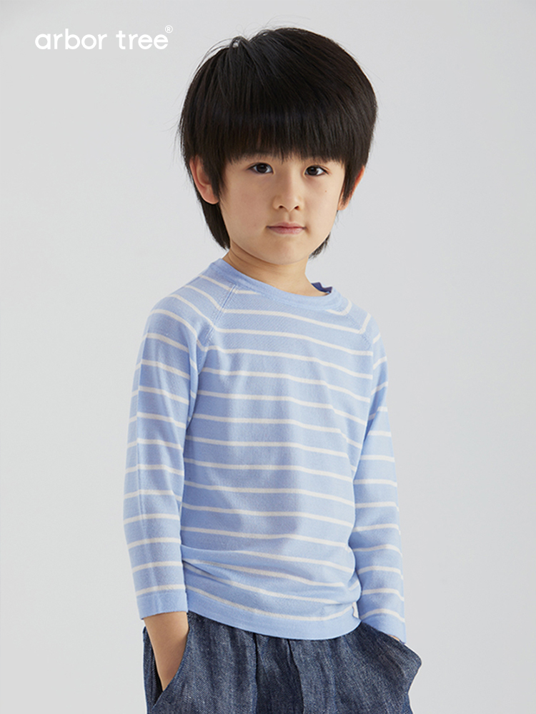 Baby stripe pullover top by ArborTree made from 100% merino mercerised wool, featuring colorful horizontal stripes and a cozy fit.