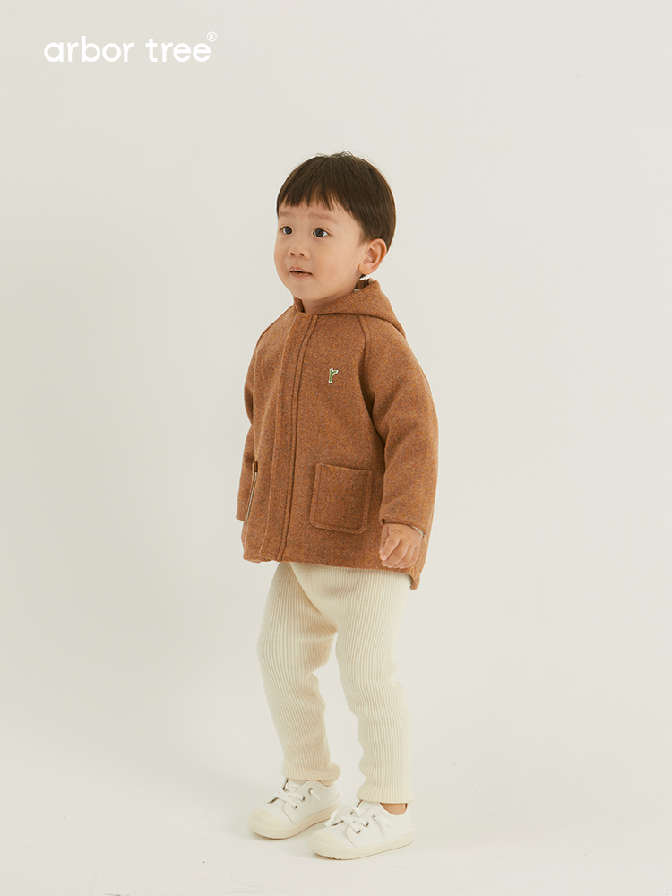 ArborTree baby’s soft wool coat with elf hat, 100% organic cotton lining, perfect for fall and winter warmth.