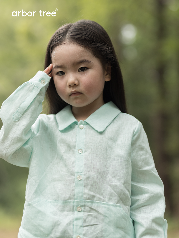 ArborTree 100% Belgian natural linen baby casual shirt, soft, breathable, and stylish for infants.