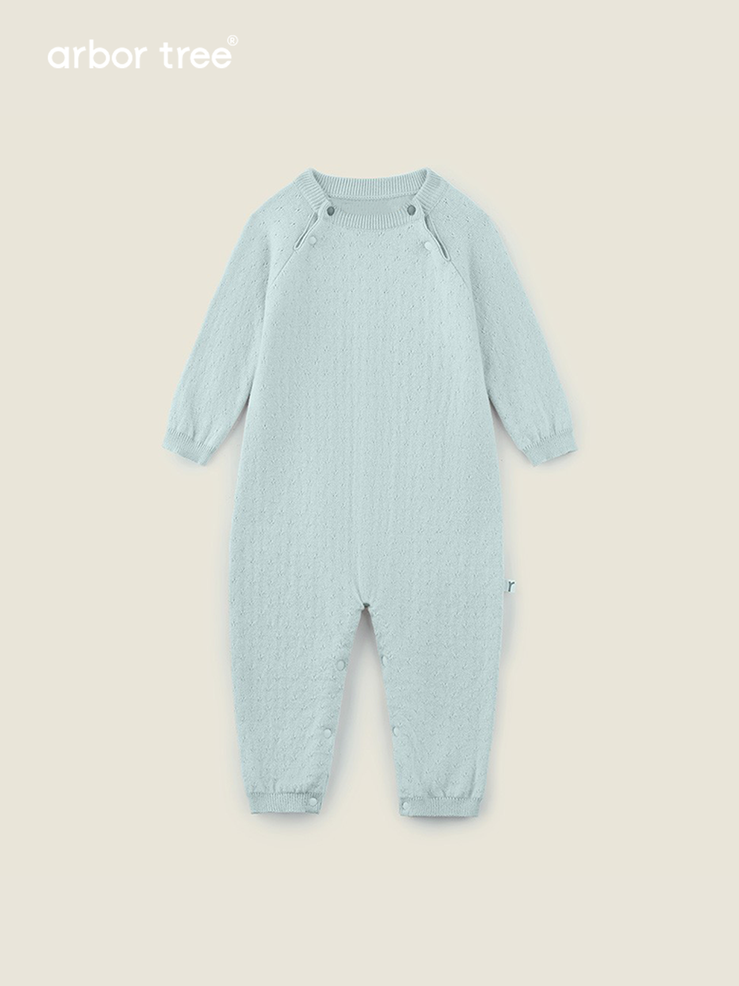 Organic cotton cashmere infant romper by arbortree, long-sleeve, shoulder-split, thick-knit toddler one-piece in natural colors.