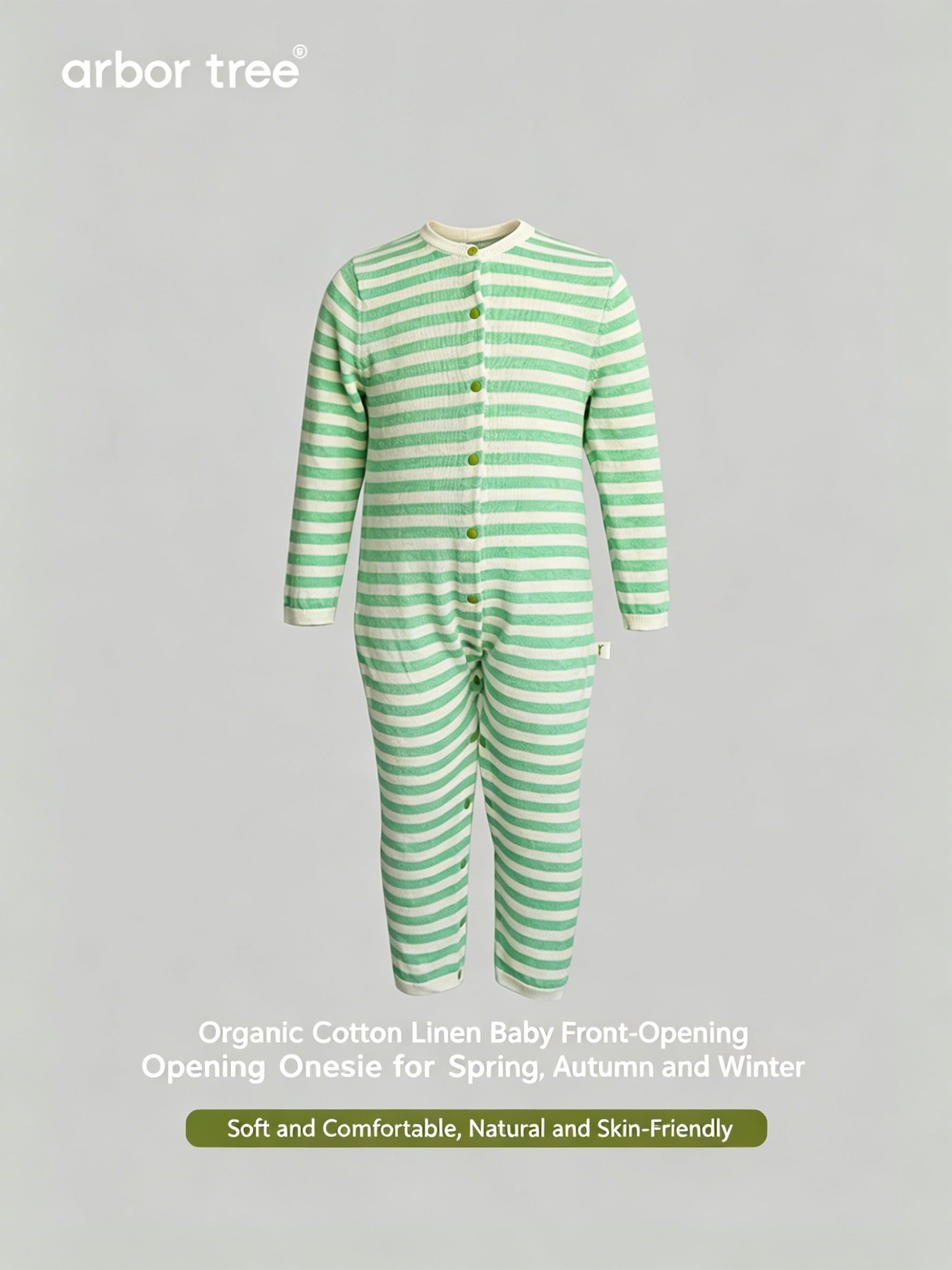 ArborTree 2-in-1 striped romper for boys and girls, made of organic cotton and linen, suitable for spring, fall, and winter.