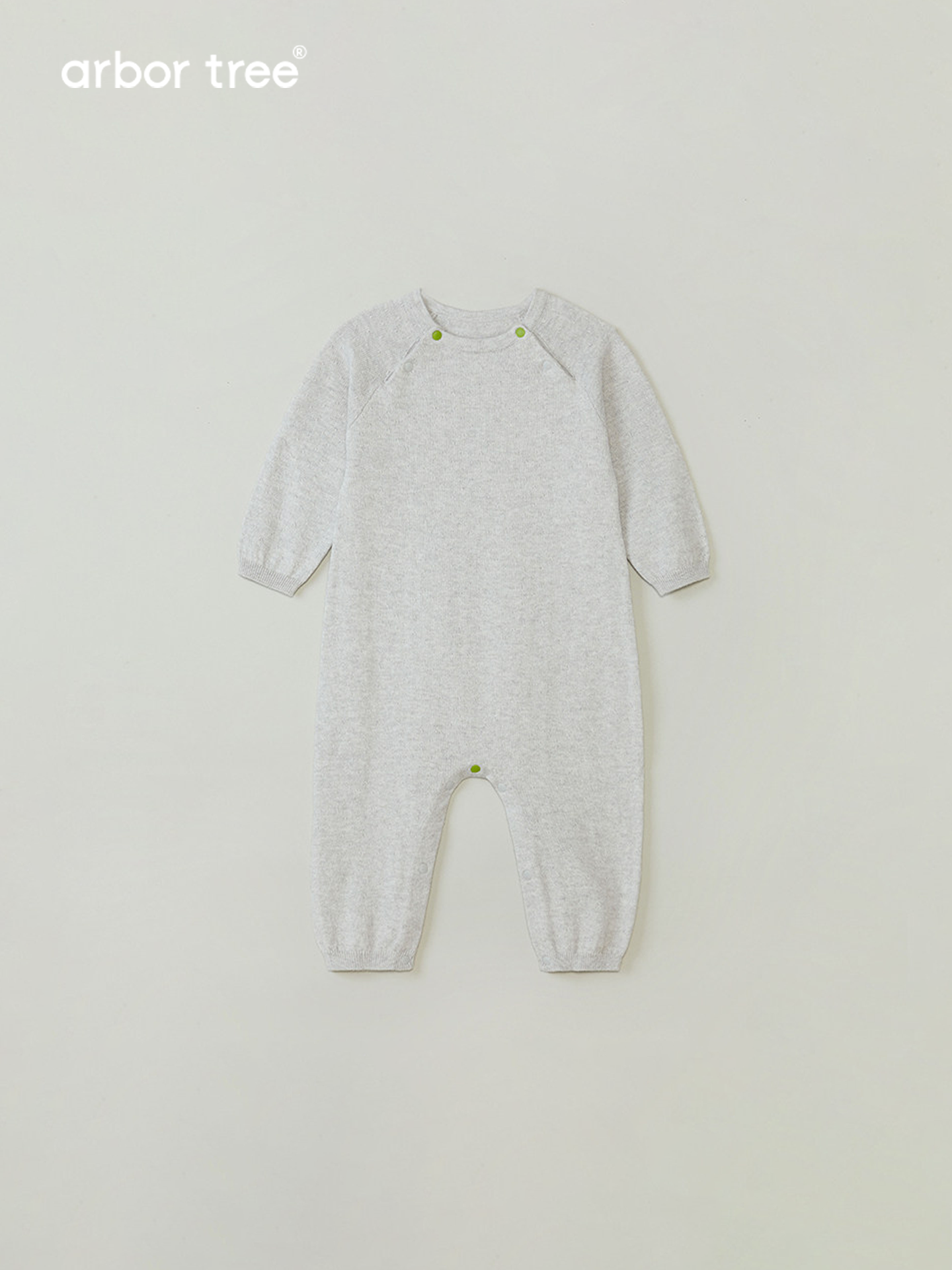 Organic cotton cashmere infant romper by arbortree, lightweight knit crawling-friendly romper in soft, natural fabric.