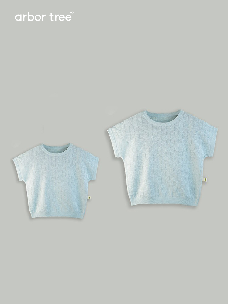 Baby checkered summer T-shirt made of 70% linen and 30% mulberry silk by arbortree, short-sleeve, perfect for warm weather.