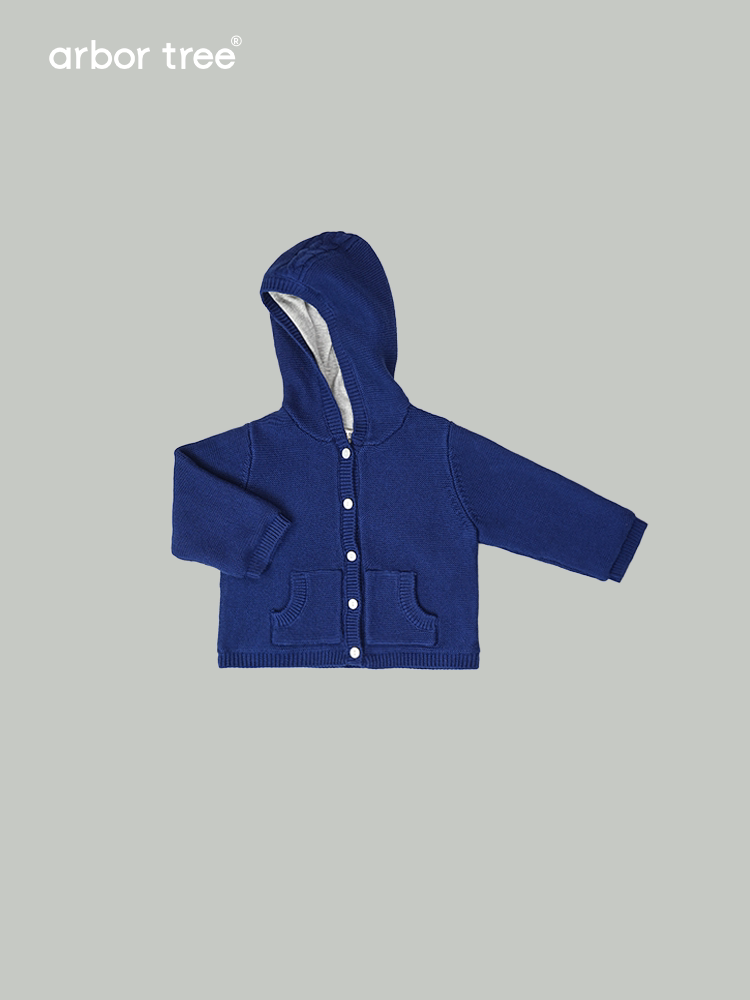 Organic cotton cashmere kids' hooded knit jacket by arbortree, featuring soft lining, suitable for spring, fall, and winter.