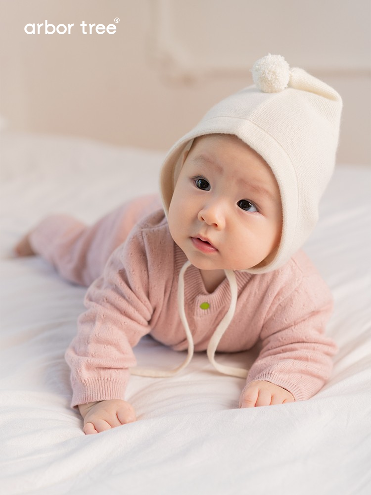 Organic cotton and cashmere infant knit one-piece by ArborTree, front-opening heavyweight baby crawler suit in natural colors.