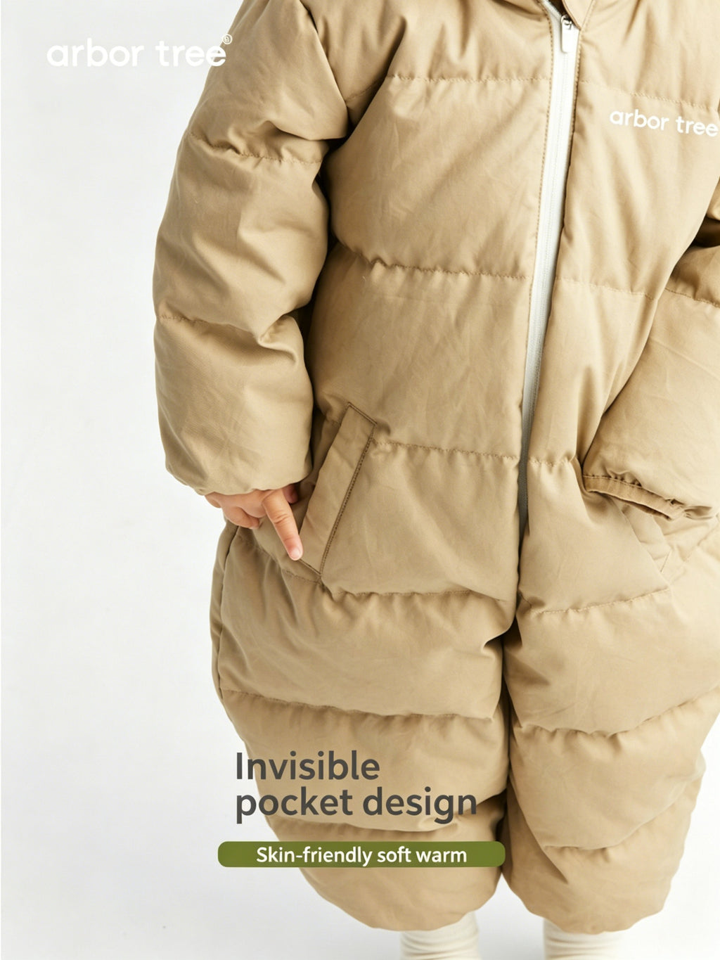 ArborTree Winter down onesies for boys and girls made from natural materials; the outer layer meets Class A standards and has undergone a triple-proof treatment