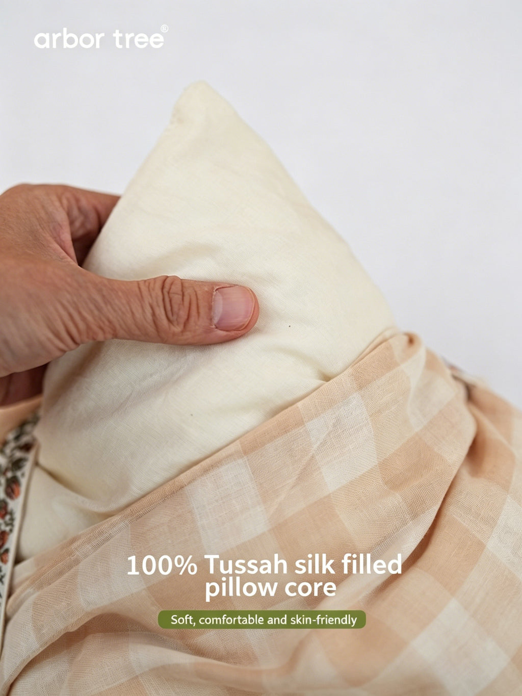 ArborTree organic cotton and tussah silk baby pillow, moisture-wicking and breathable, suitable for all seasons, natural and undyed.