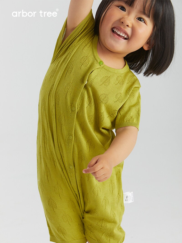 Soft silk and cashmere summer baby romper by arbortree with front-opening design, lightweight and comfortable for warm weather.