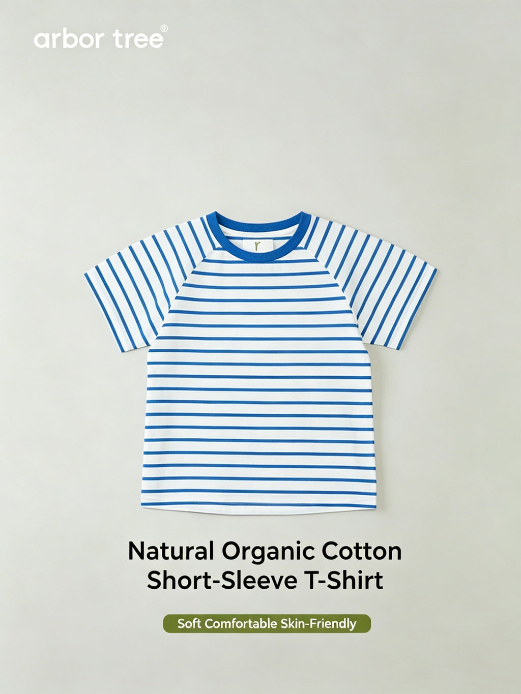 ArborTree baby blue and white striped organic cotton short sleeve T-shirt for kids, featuring a soft, natural fabric and classic design.