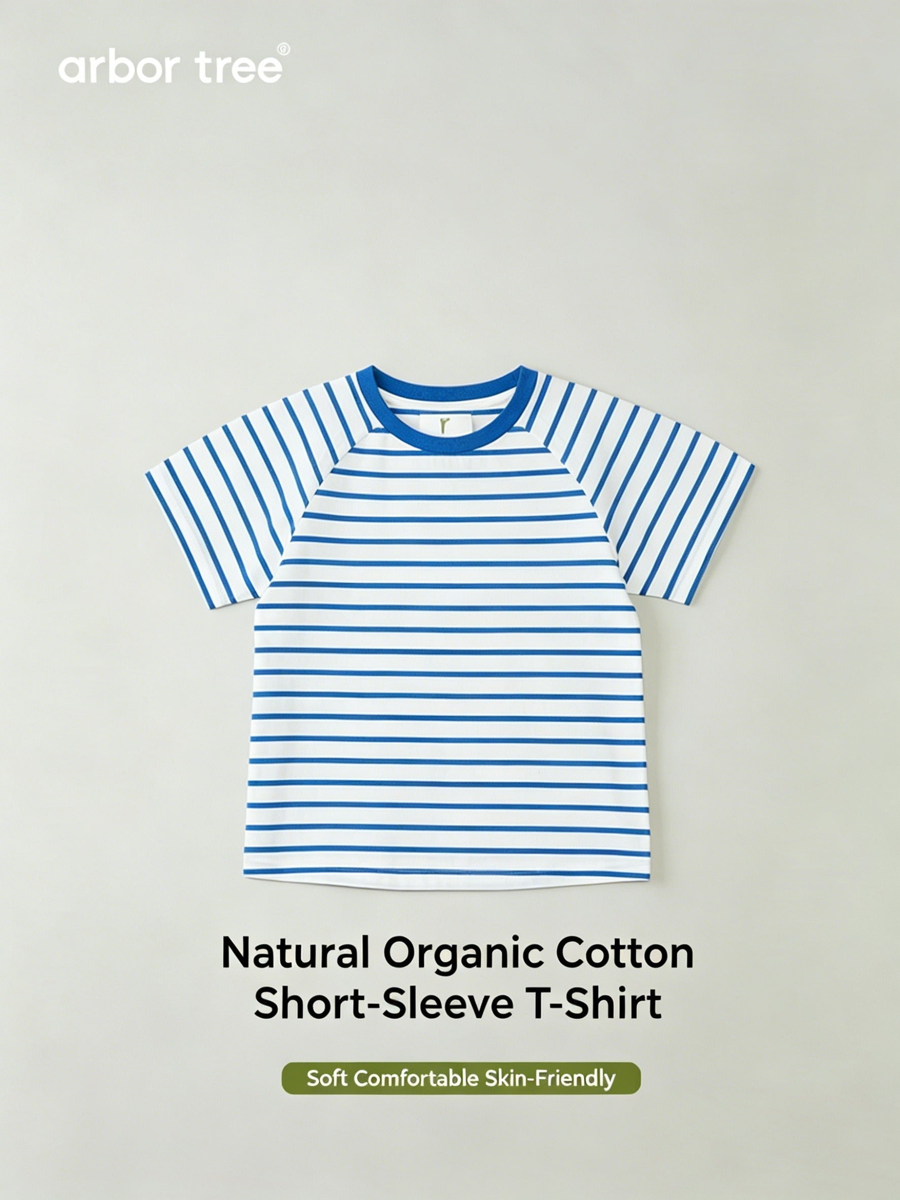ArborTree baby blue and white striped organic cotton short sleeve T-shirt for kids, featuring a soft, natural fabric and classic design.