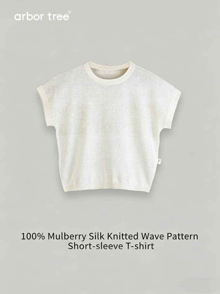 Unisex lightweight mulberry silk summer knit tee with wave pattern, breathable and natural fabric by arbortree.