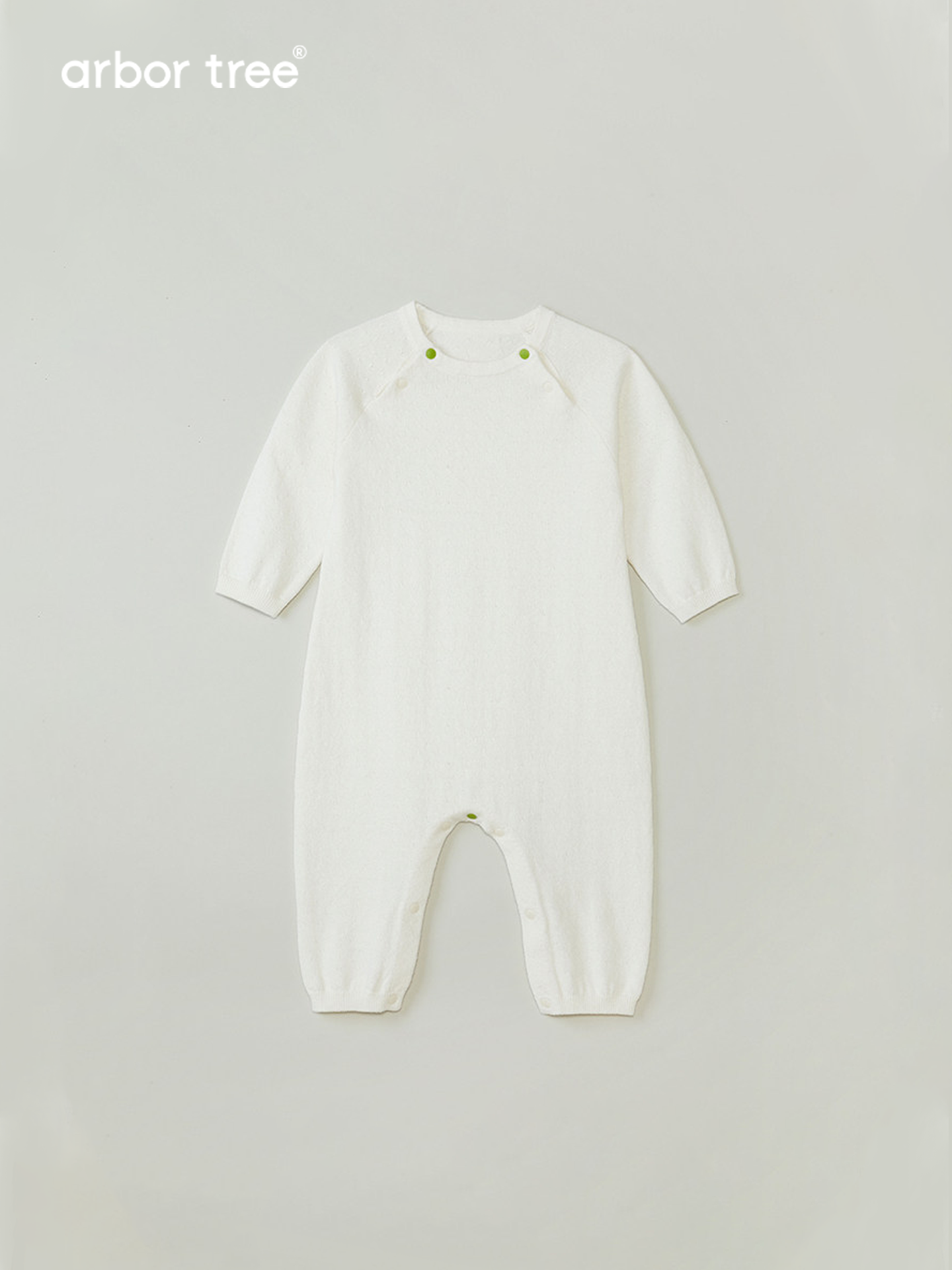 Organic cotton cashmere infant romper by arbortree, lightweight knit, crawling-friendly, suitable for toddlers and babies.