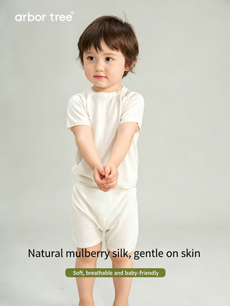 Baby and kids summer shorts by arbortree in silk with Bodhi leaf design, cool, lightweight, and non-sticky for comfortable wear.