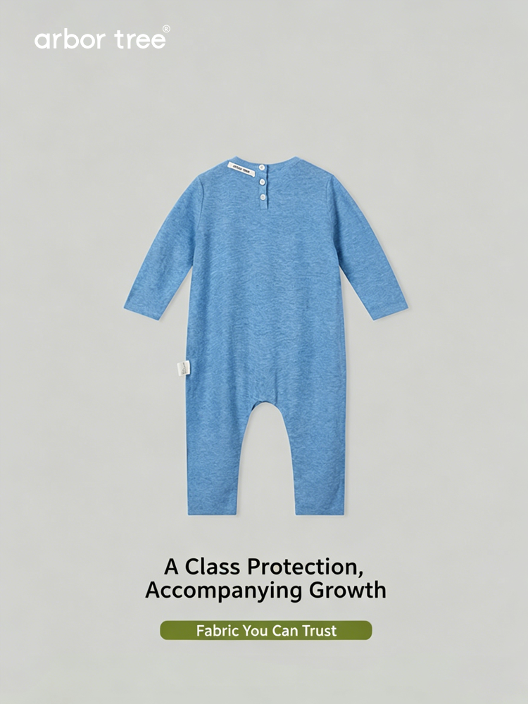 Organic cotton linen baby romper by arbortree, long-sleeve, breathable, moisture-wicking for spring and fall wear.