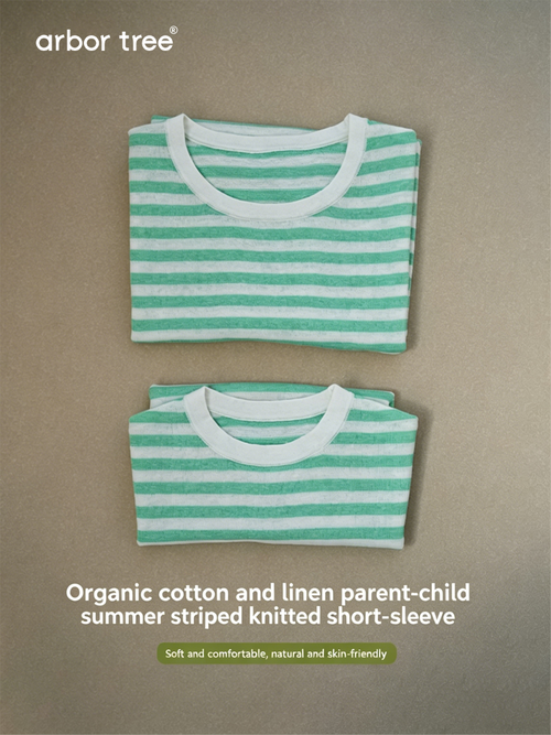 Lightweight, breathable parent-child striped knit tee made from 60% organic cotton and 40% linen by ArborTree.