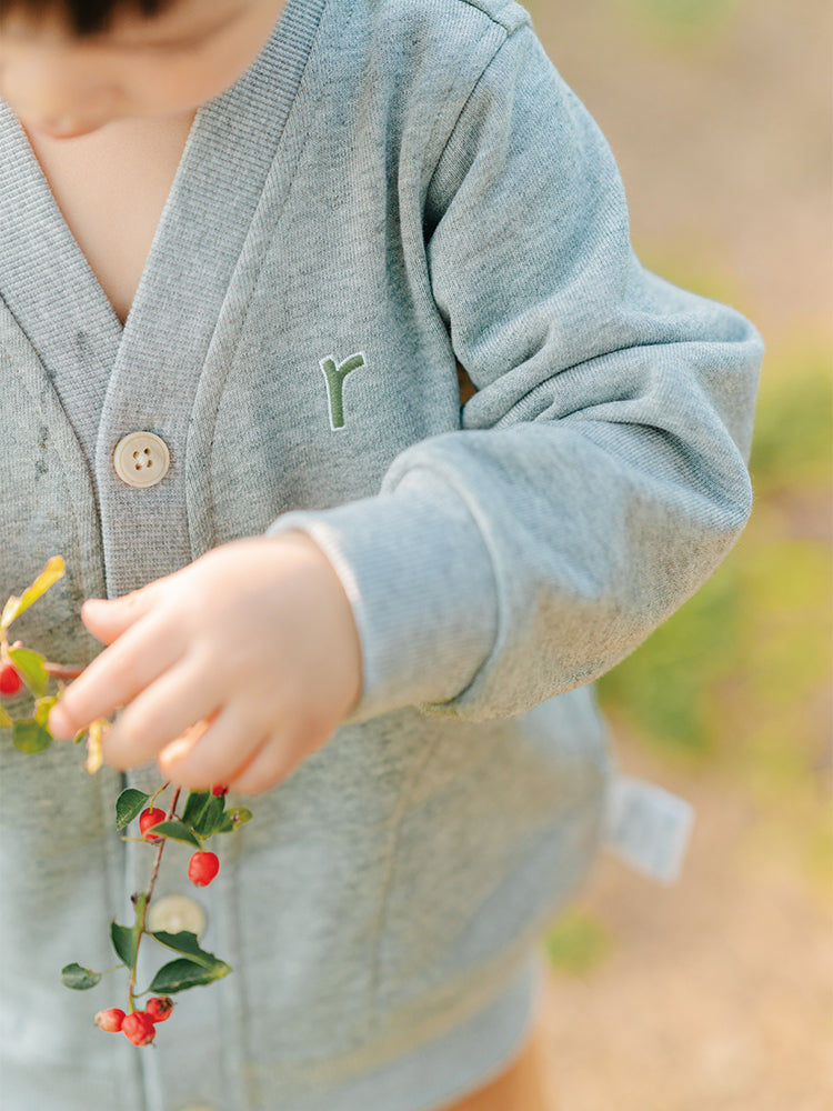 Organic cotton baby cardigan by ArborTree, soft and moisture-wicking for spring and fall, meets Class A standards.