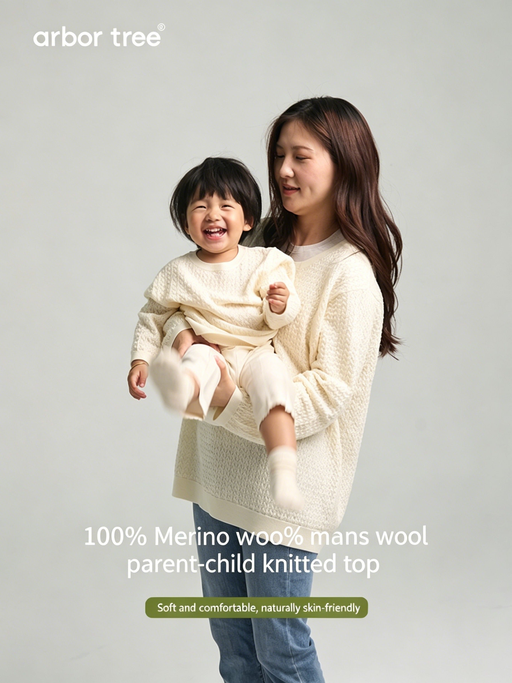 Matching parent-child knit tops in whisper pattern, made from 100% fine Merino wool, long-sleeve sweater for spring and fall by ArborTree.