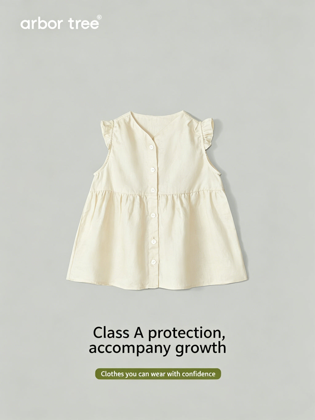 Natural ramie sleeveless baby dress by ArborTree, showing soft fabric and simple design for comfortable kids' wear.