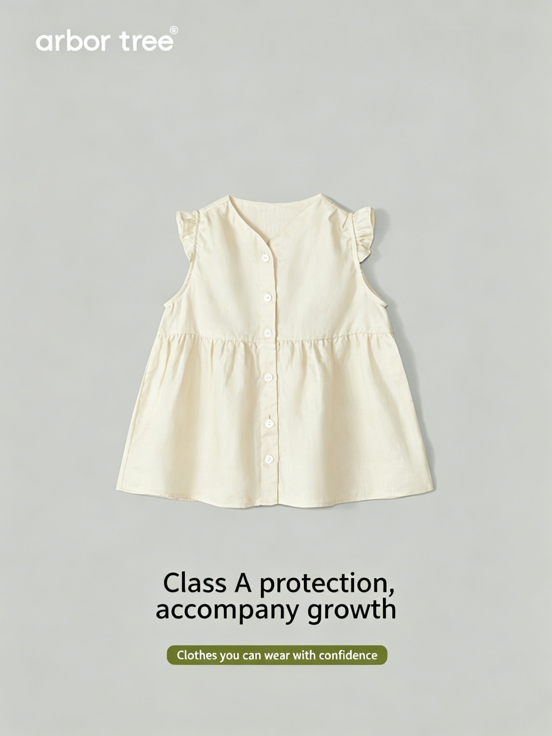 Natural ramie sleeveless baby dress by ArborTree, showing soft fabric and simple design for comfortable kids' wear.