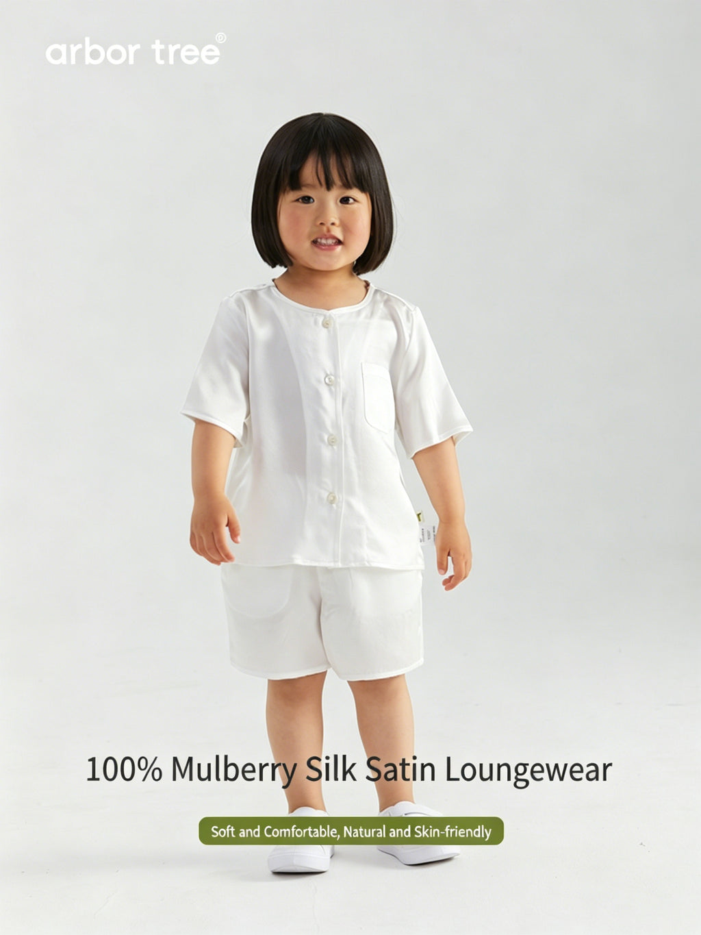 ArborTree summer cooling baby loungewear set in 100% mummy silk satin, featuring soft pajamas with a comfortable fit for kids.
