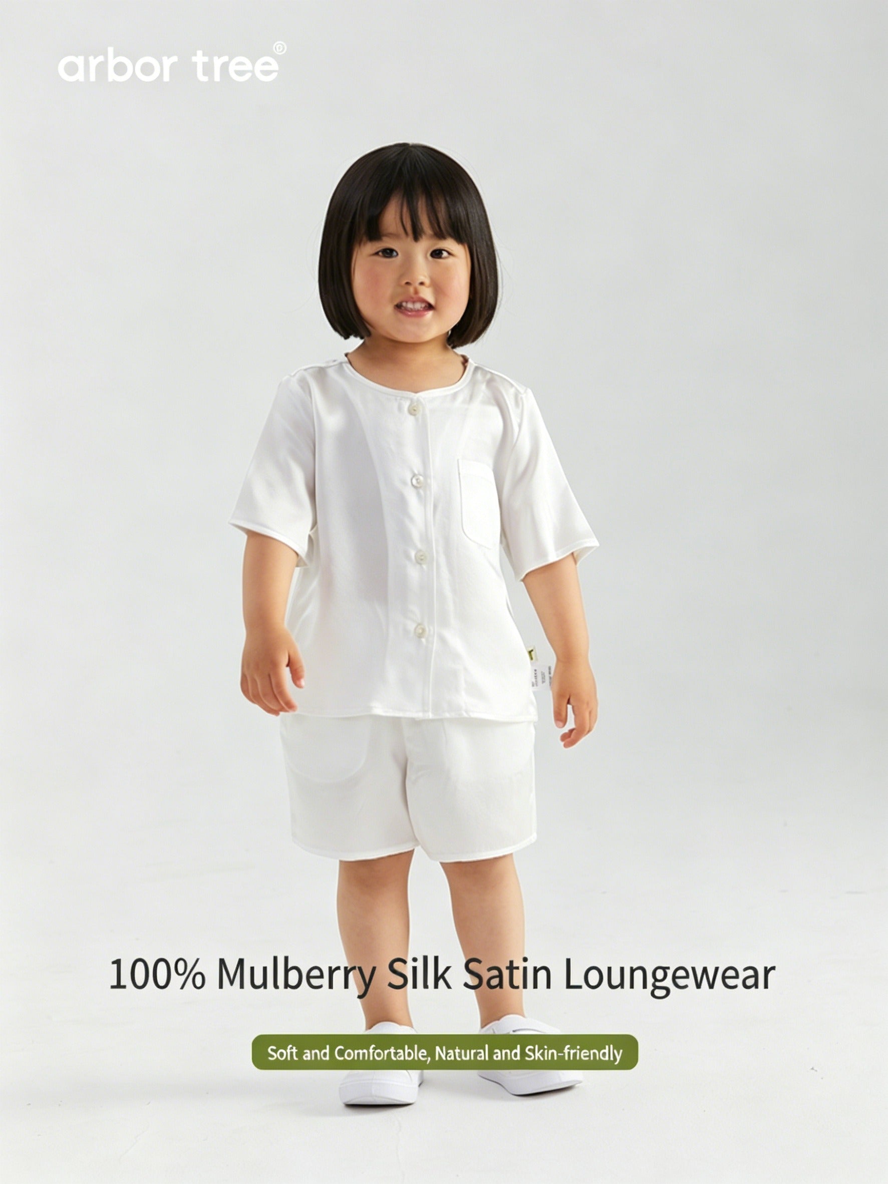 ArborTree summer cooling baby loungewear set in 100% mummy silk satin, featuring soft pajamas with a comfortable fit for kids.