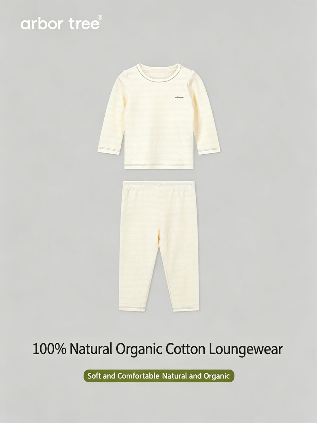 ArborTree organic cotton baby long-sleeve loungewear set in soft pastel colors, perfect for spring, fall, and winter.