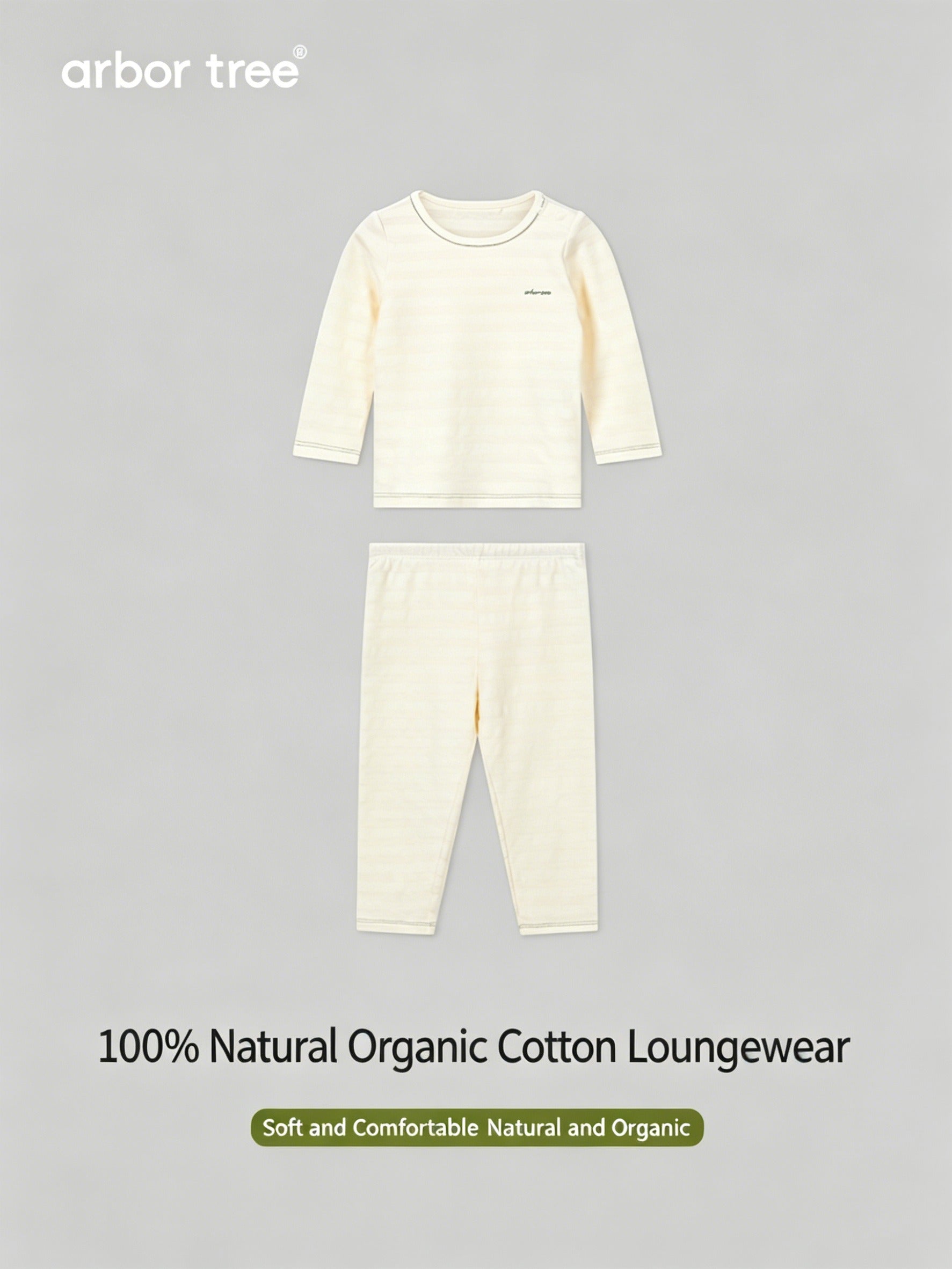 ArborTree organic cotton baby long-sleeve loungewear set in soft pastel colors, perfect for spring, fall, and winter.
