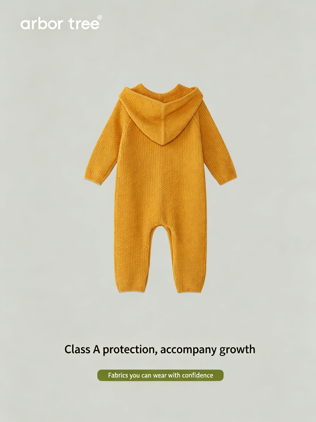 ArborTree 100% cashmere hooded onesie for kids, soft and cozy with a hood, natural sourced fabric, in a pastel color.
