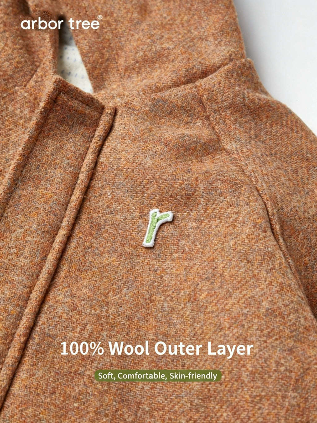 ArborTree baby wool coat with elf hat, soft organic cotton lining, perfect for fall and winter warmth.