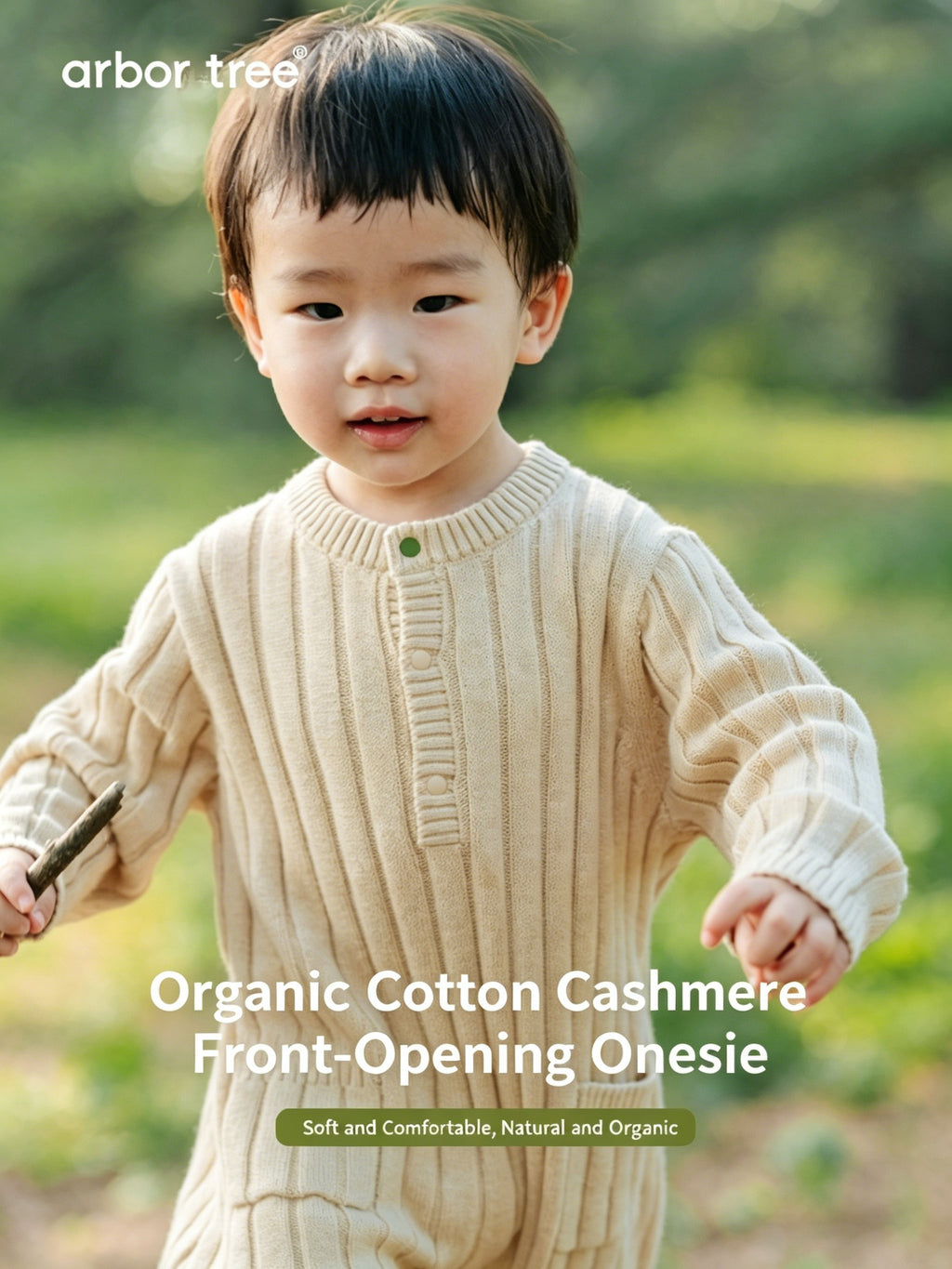 Organic cotton and cashmere kids' jumpsuit by ArborTree, front cut-back design, soft and comfortable for children.