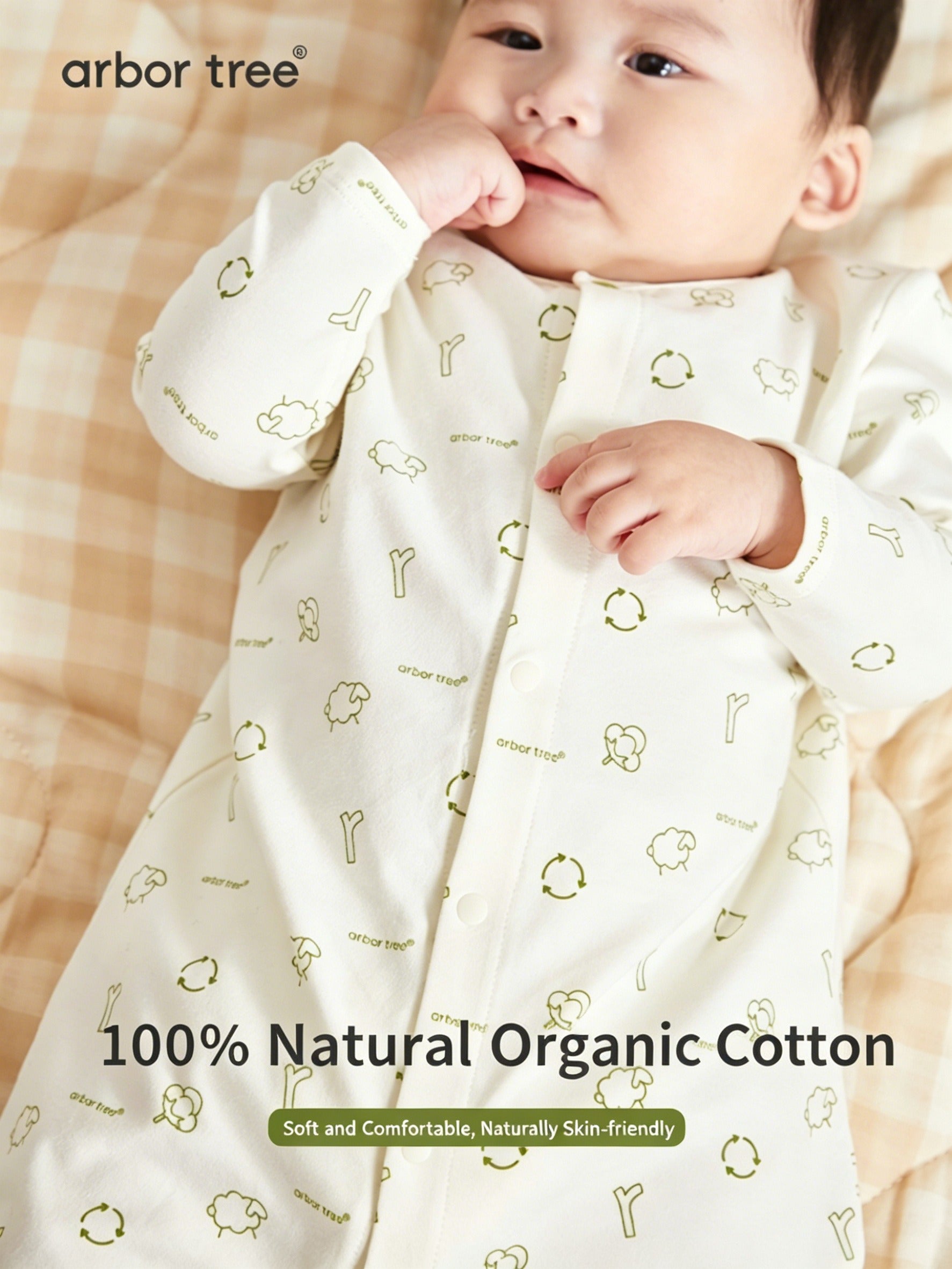ArborTree Eco-Friendly Print 100% Natural Organic Cotton Spring/Fall Unisex Baby Front-Opening Romper (Grade A)