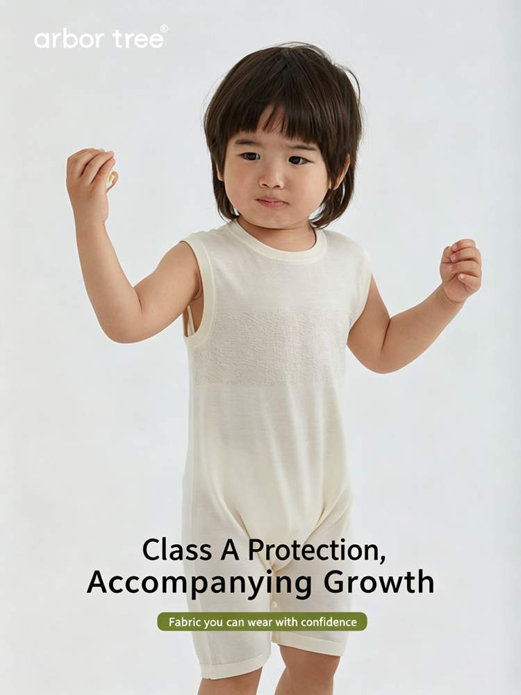 ArborTree natural mulberry silk baby sleeveless bodysuit displayed on a neutral background, showcasing soft silk fabric and sleeveless design.