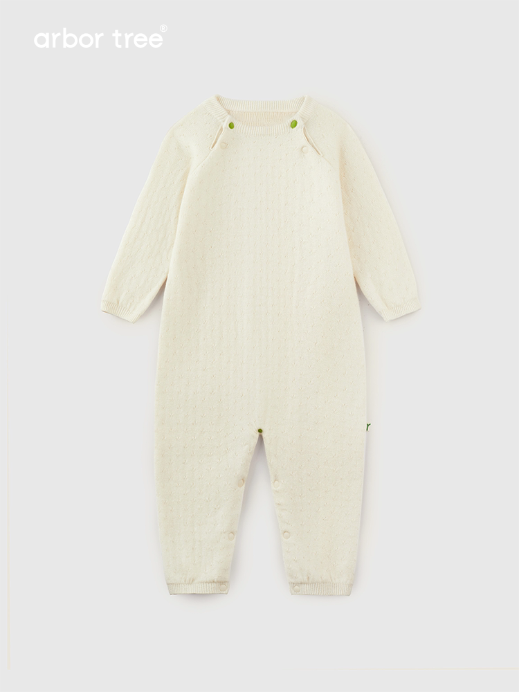 Organic cotton and cashmere infant romper by arbortree, long-sleeve, shoulder-split, thick-knit for toddlers.