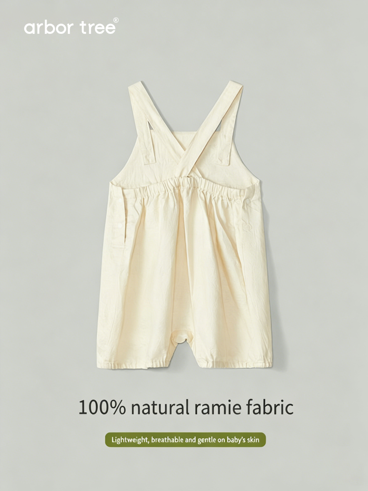 ArborTree natural Ramie baby casual bib pants with adjustable straps and soft fabric, designed for comfortable kids' wear.