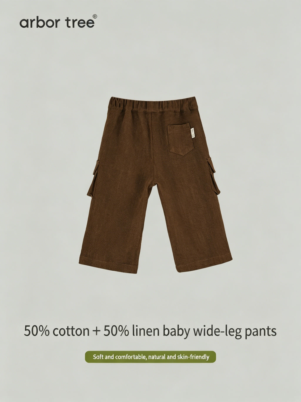 Kids' wide-leg pants by ArborTree, made from 50% cotton and linen, featuring elastic waist and moisture-wicking fabric for spring, fall, winter.