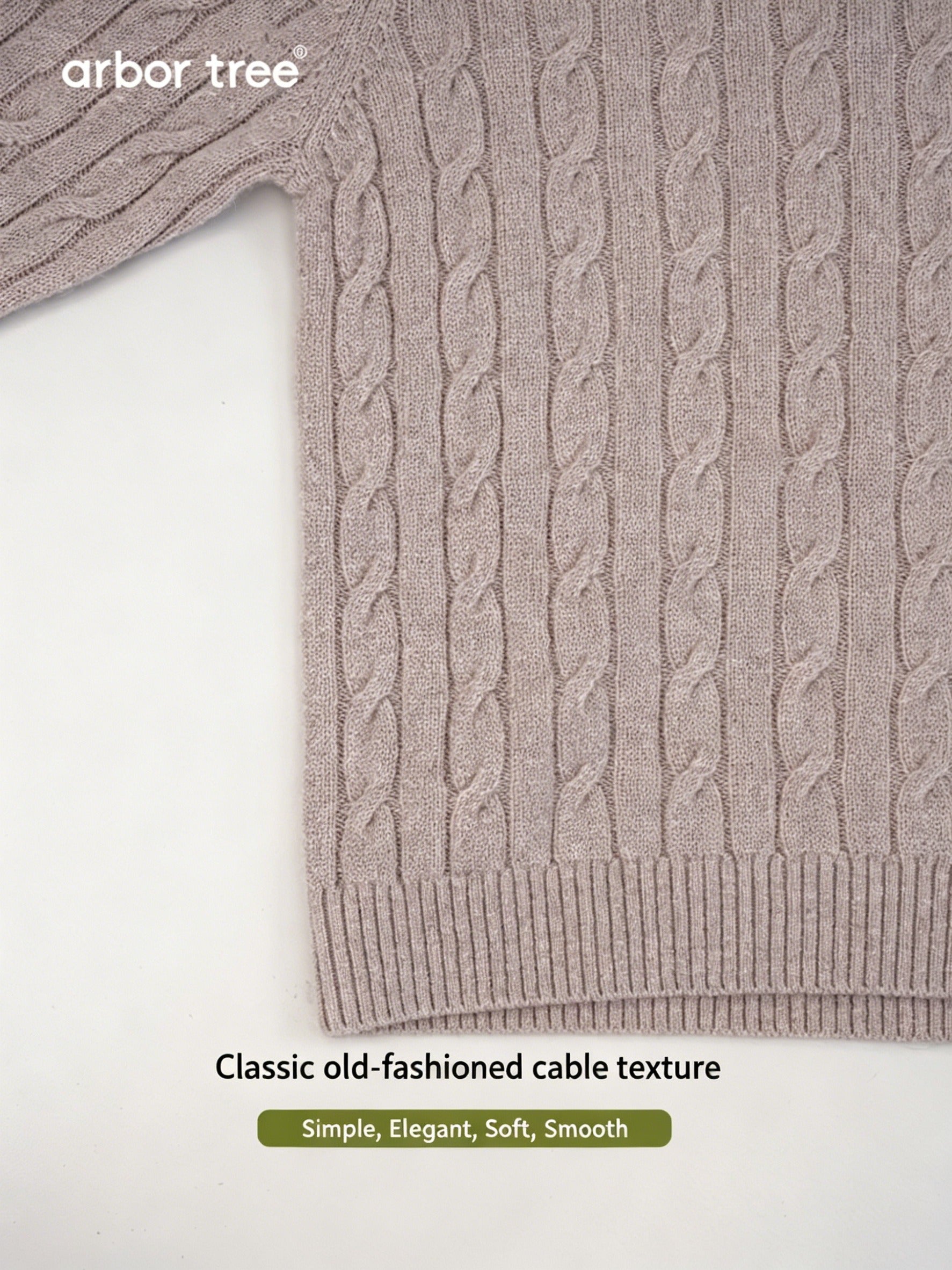 ArborTree Pure Collection 100% cashmere unisex vintage cable-knit half-turtleneck sweater for spring and fall.