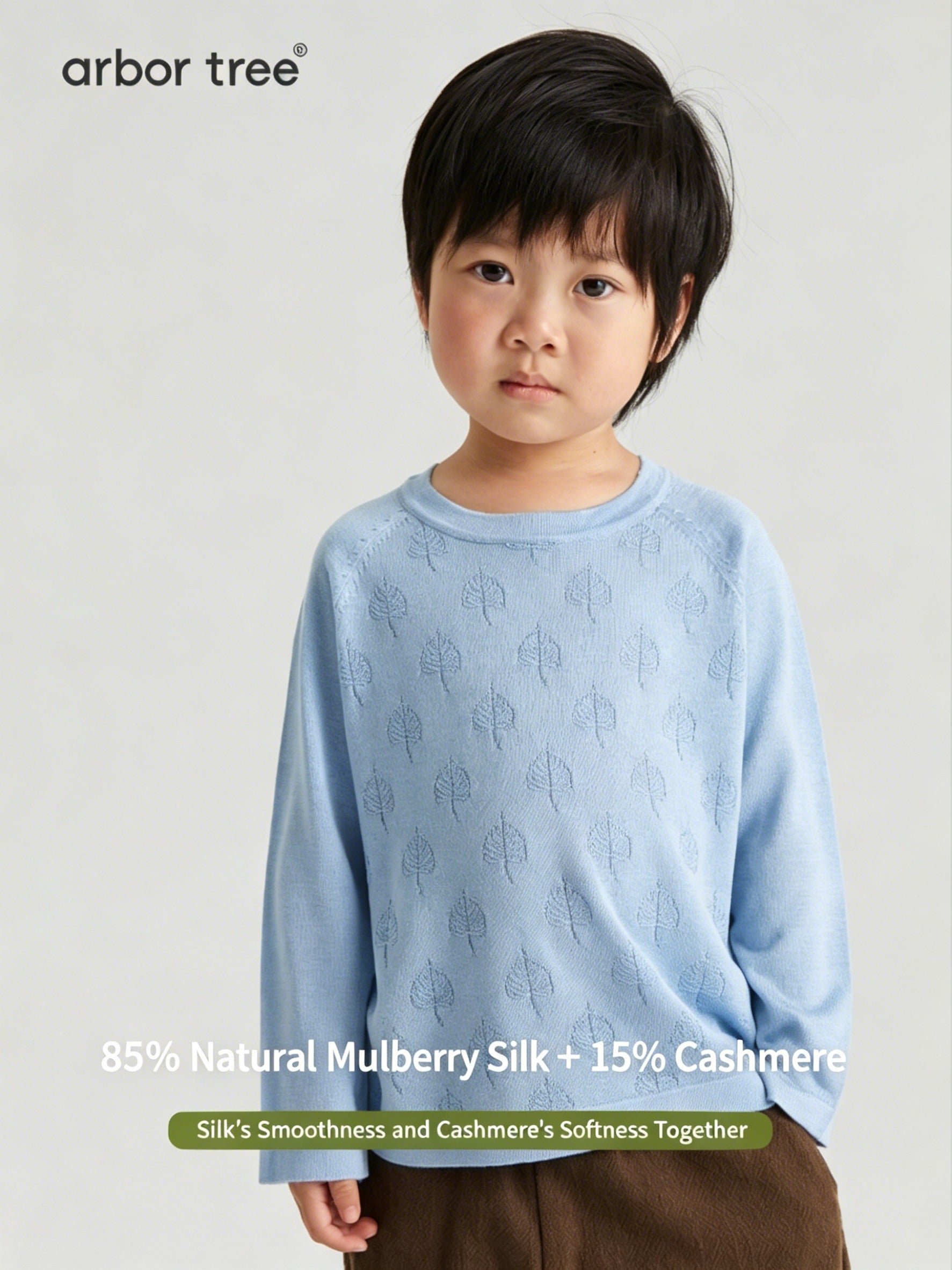 Unisex ArborTree long-sleeve T-shirt made from 85% mulberry silk and 15% cashmere with a Bodhi leaf design, breathable fabric.